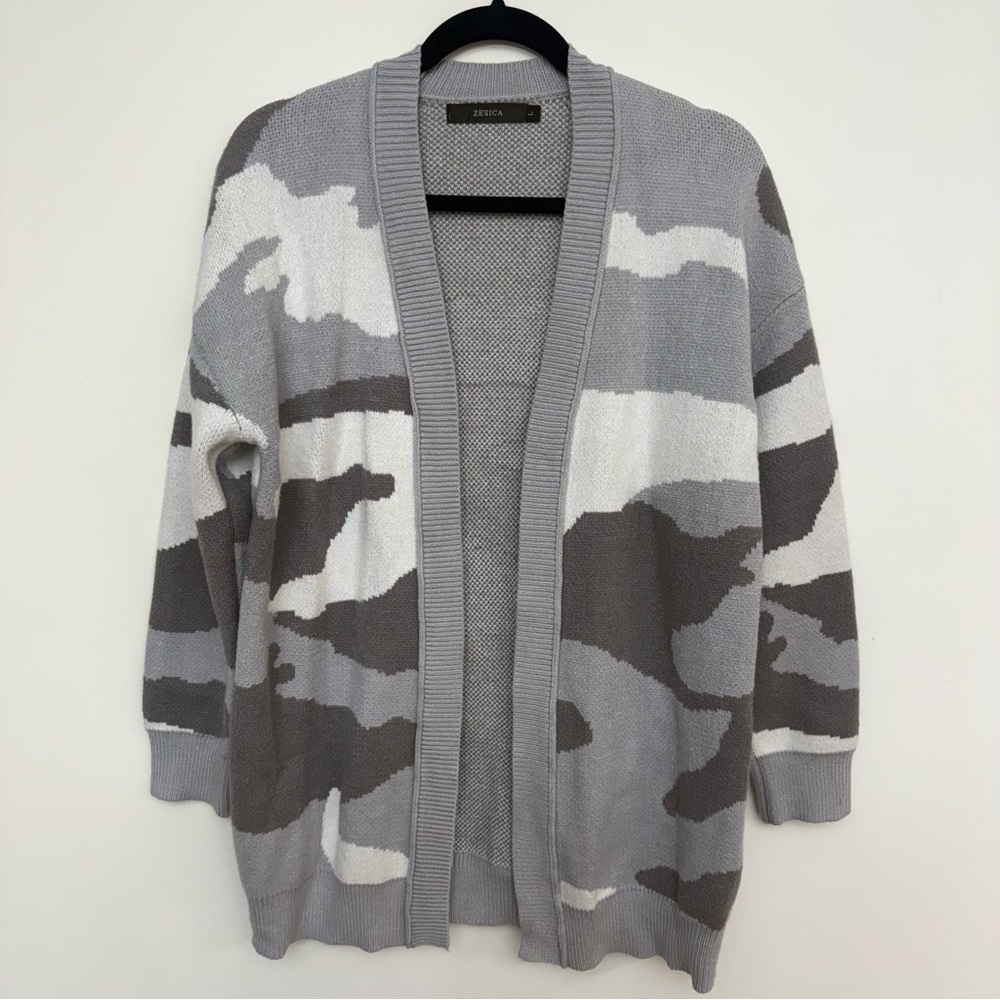 ZESICA Women’s Long Open Front Knit Cardigan Sweater Sz L Grey Camo Long Sleeve